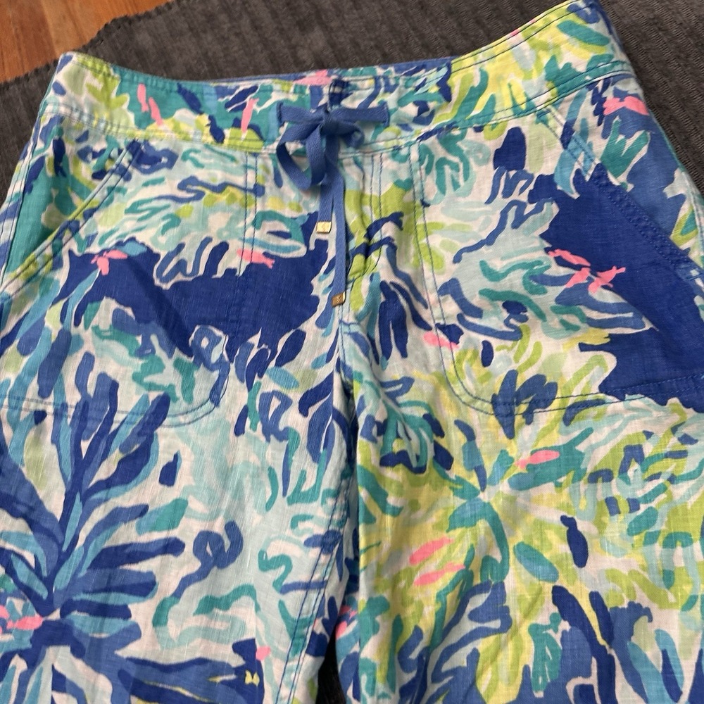 Lilly Pulitzer Womens Linen Wide Leg Pants Blue Green Pink Tropical Beach Size 4 - Picture 6 of 13